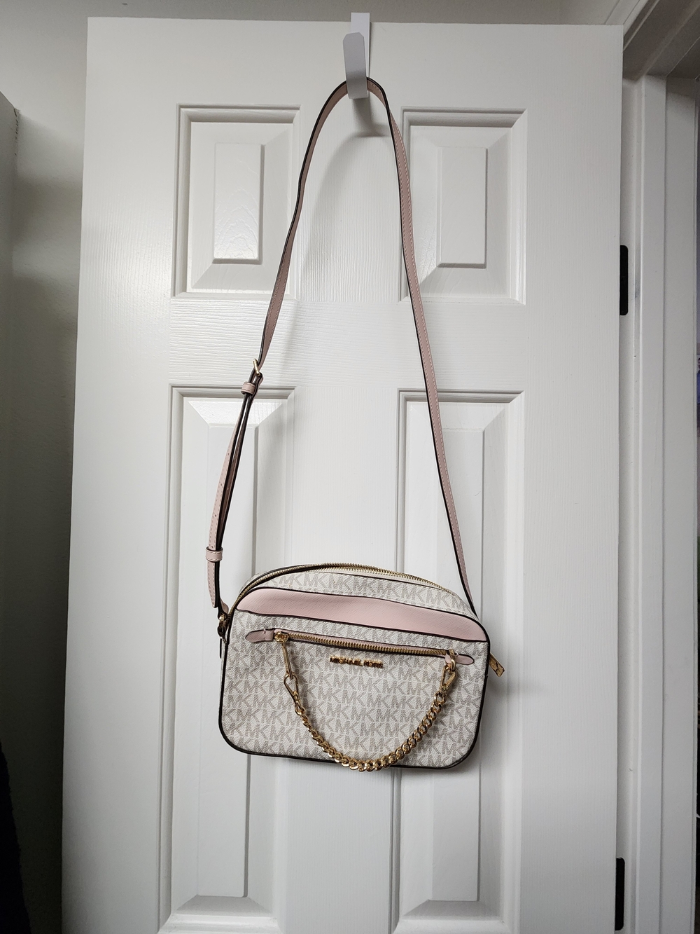 Michael Kors Pale Pink Logo Crossbody Bag with Gold Chain